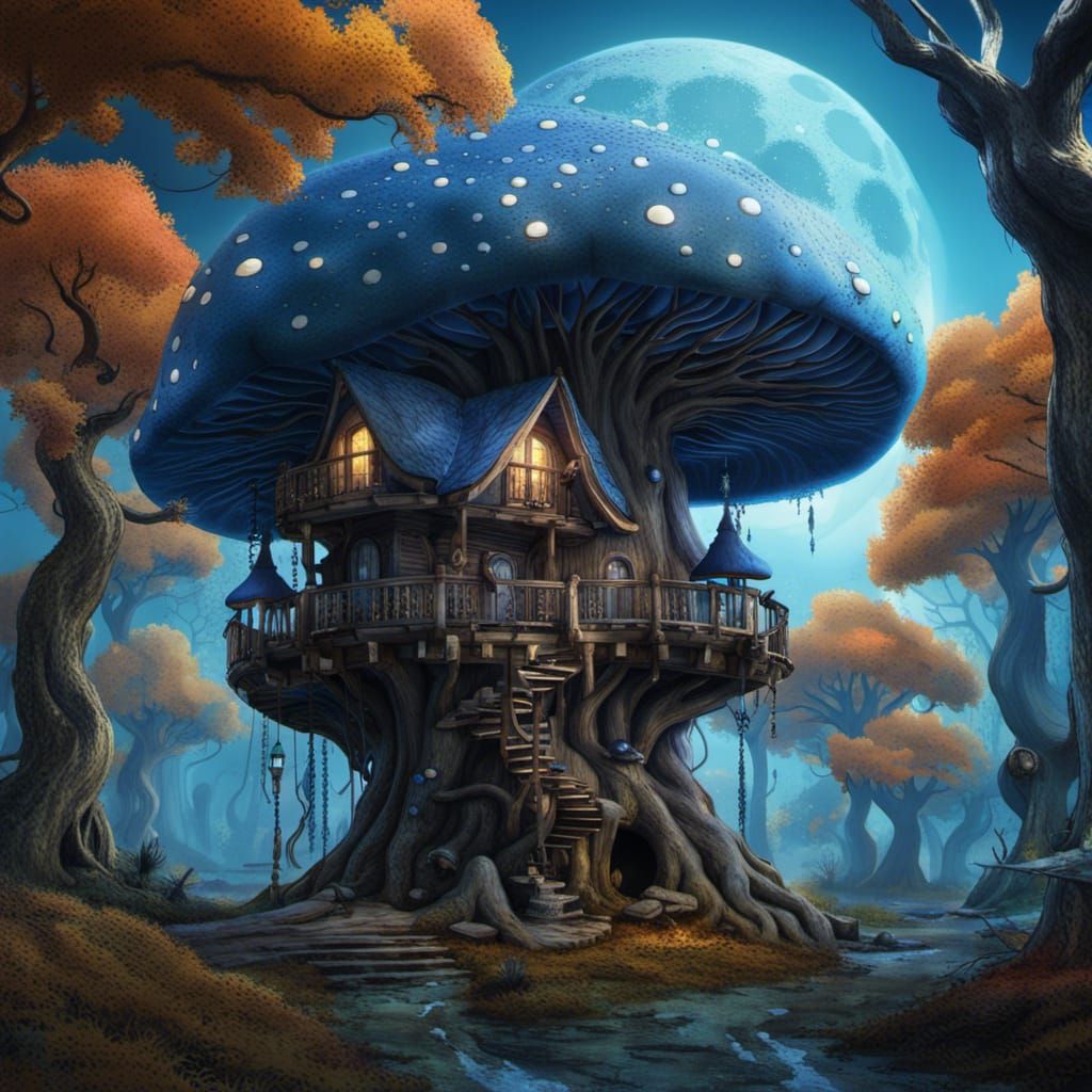 Blue mushroom treehouse