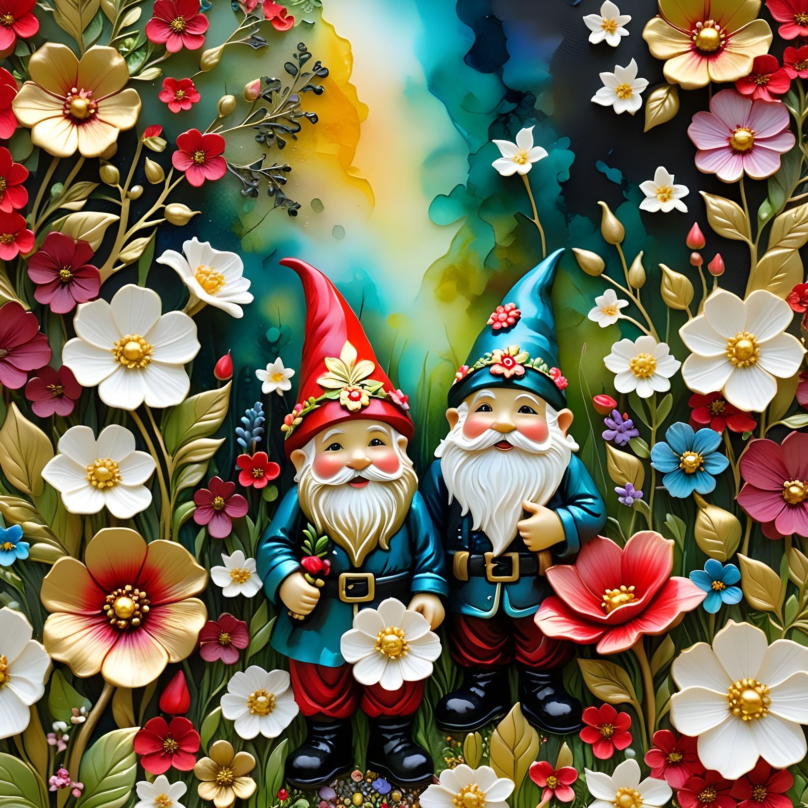 Gnome Couple in a Lush Metallic Garden