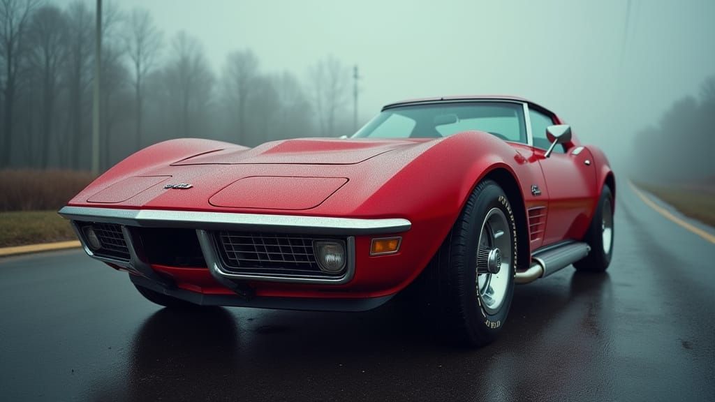 Red Corvette Muscle Car on Misty Road in HDR