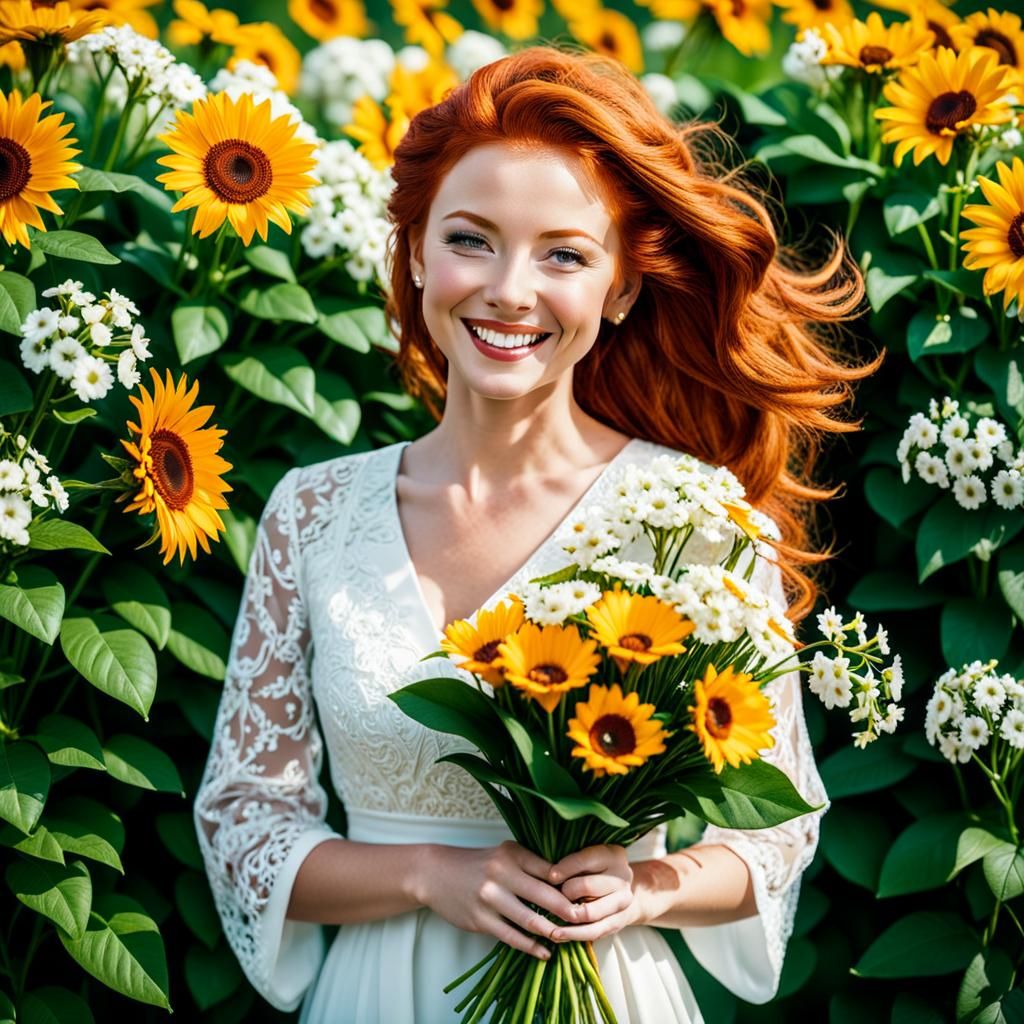 Redhead with Freckles, Bouquet, and Summer Dress