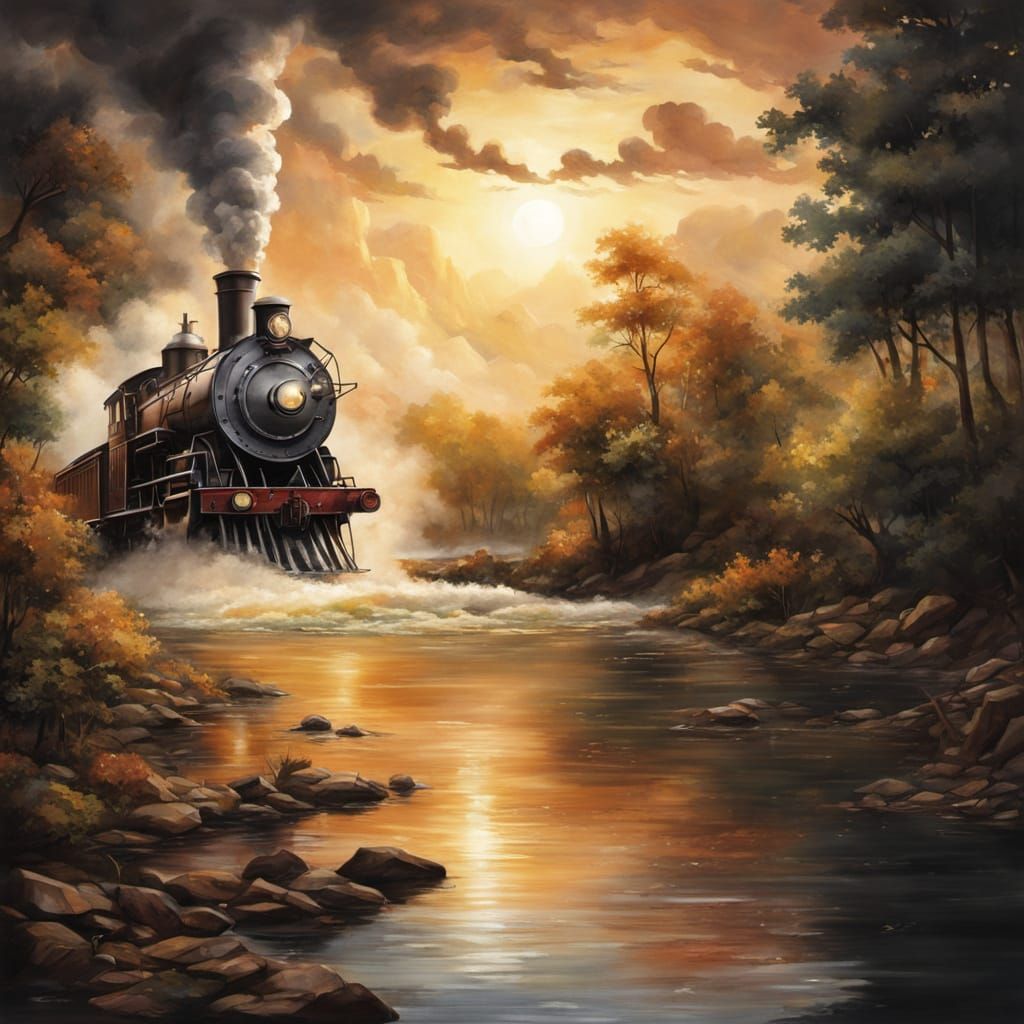 Steam Locomotive on a River Landscape