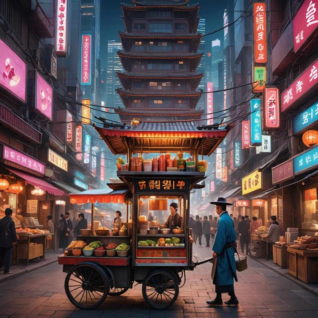 Korean Street Vendor in Futuristic Cityscape