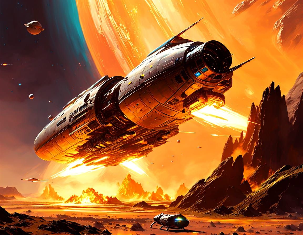 Retro Sci-Fi Spacecraft Landing on Alien Planet