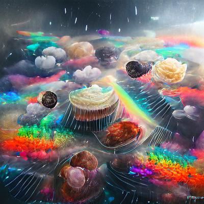 Rainbow Sky Cupcake Rain: Cosmic Astral Illustration