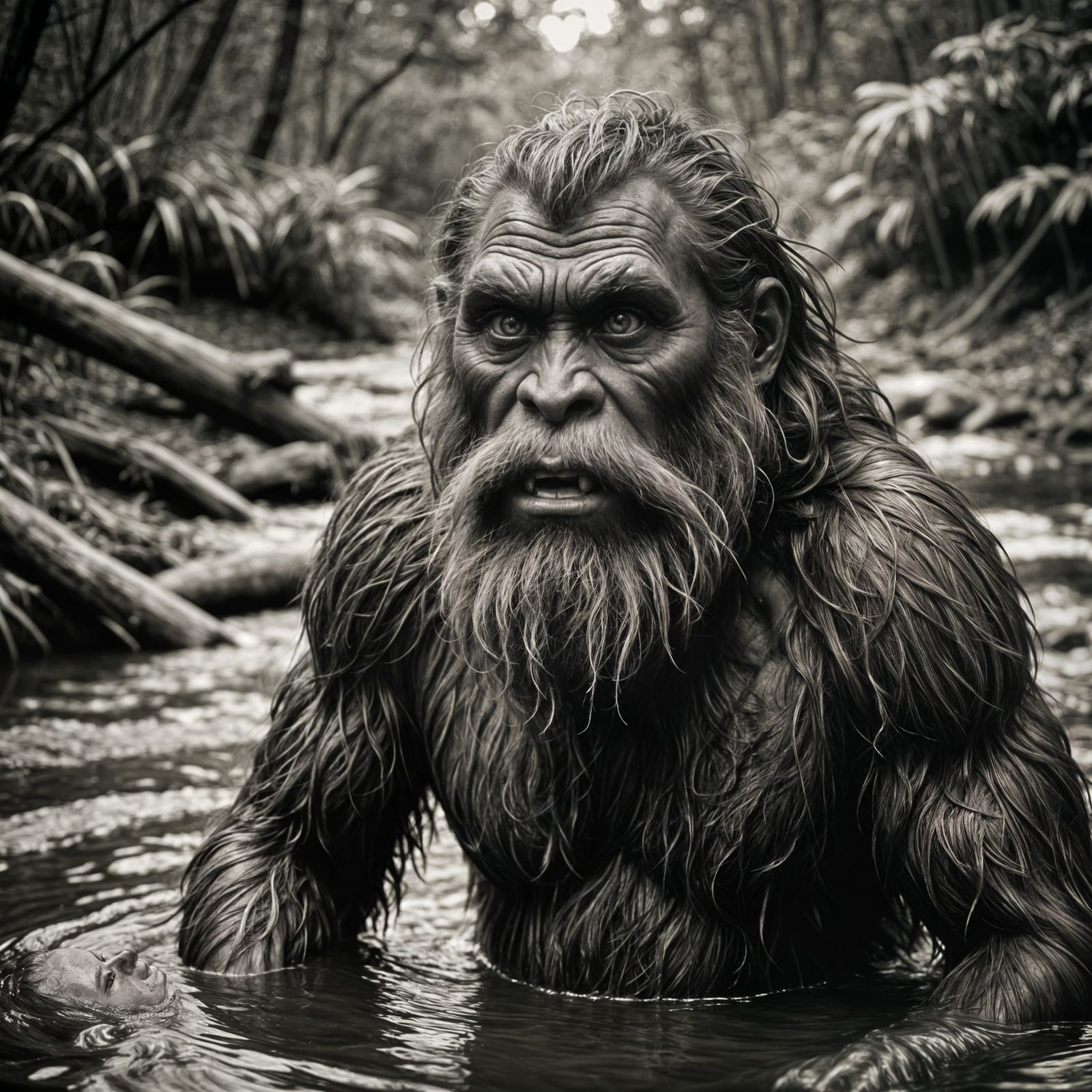 Vintage Sepia Yowie Sneaking Up on Woman in Creek