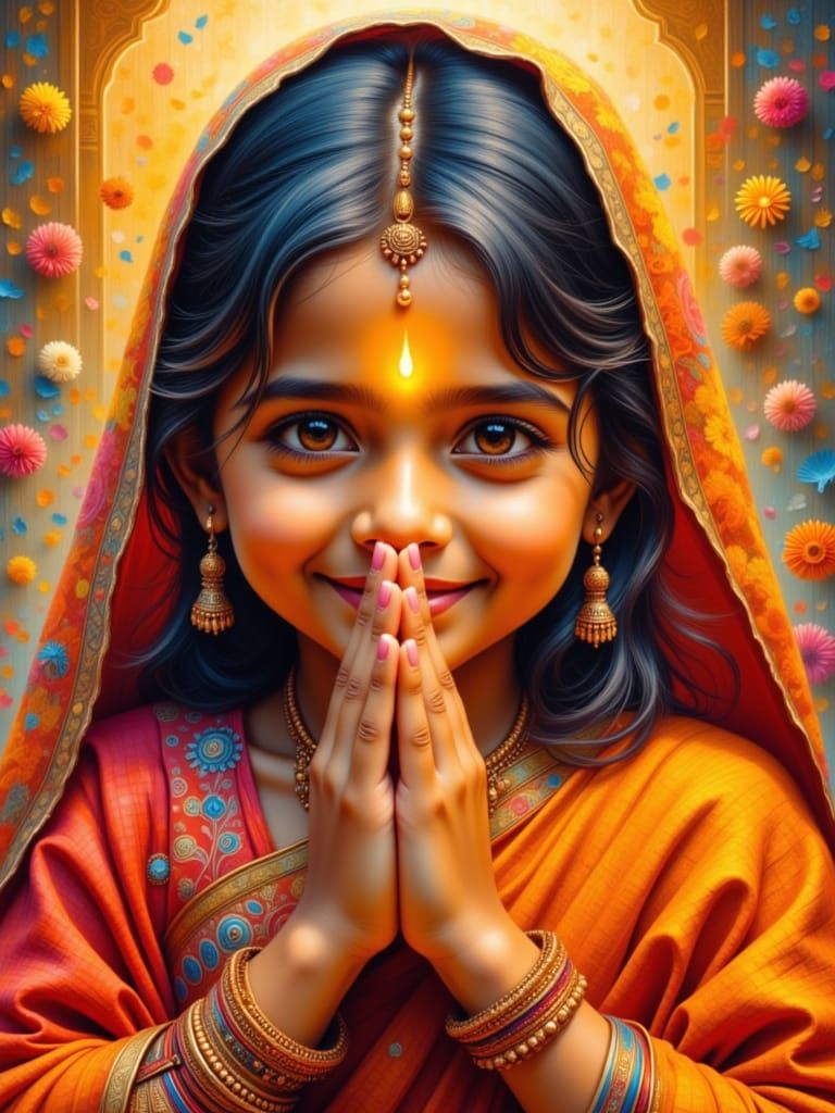 Young Indian Girl Offers Namaste In Vibrant Impasto Style