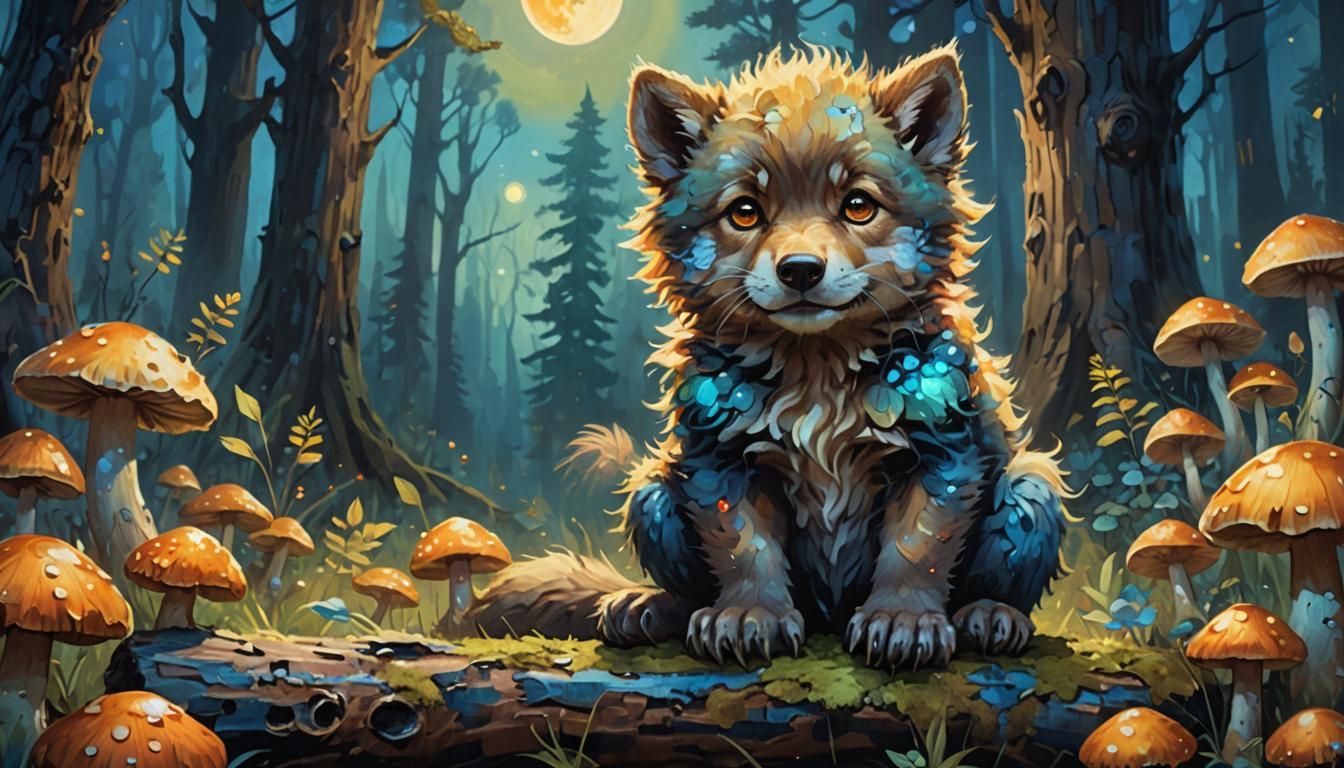 Fluffy Werewolf Cub Howling in Fauvist Forest