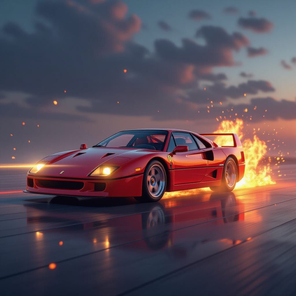 Ferrari F40 Speeds Across a Fiery Landscape