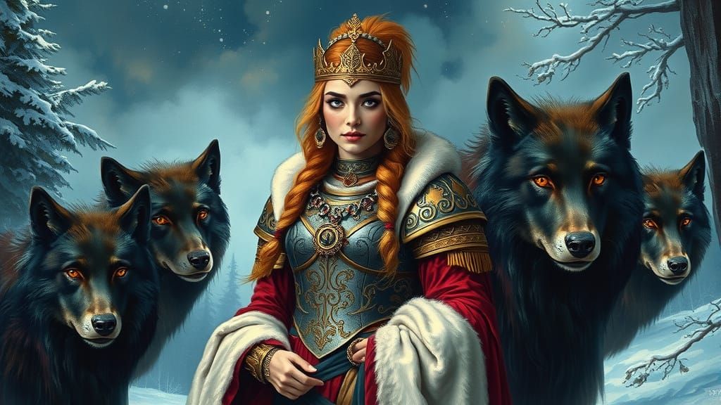 Regal Warrior Queen in Majestic Winter Landscape with Black ...