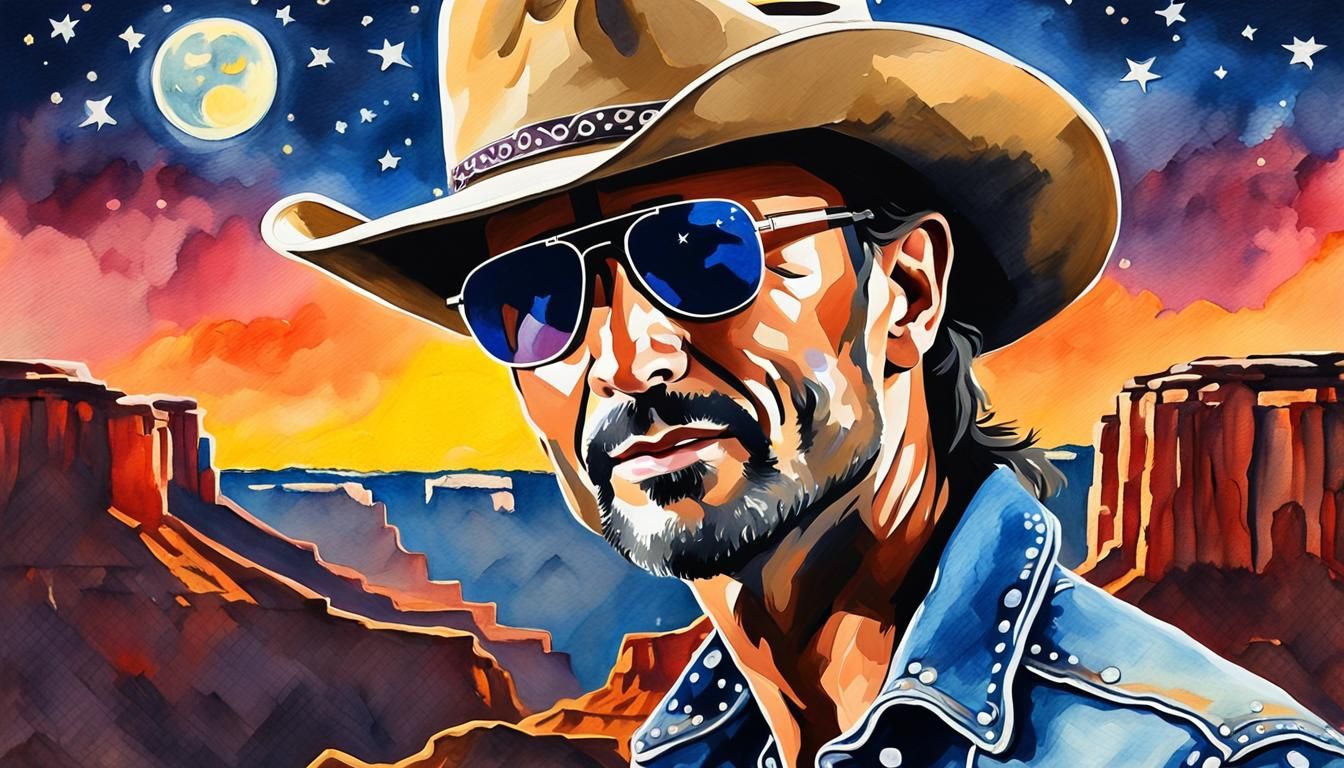 Cowboy with Tattoos in Rembrandt Style, Gouache and Watercol...