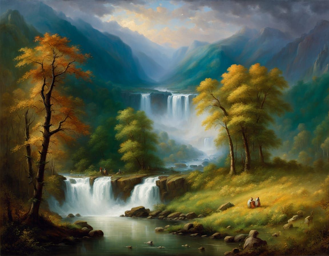 Mystical Waterfalls Landscape in Pictorial Style