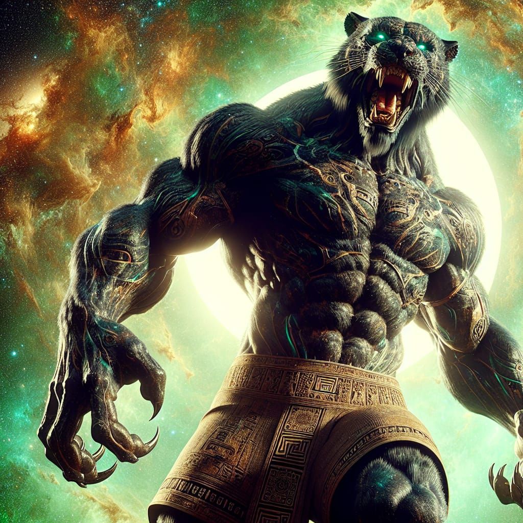 Imposing Werejaguar with Mayan Elements in Fantasy Art
