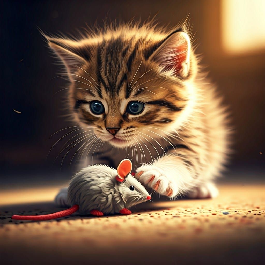 Kitten and Toy Mouse: Hyperrealistic Impressionism