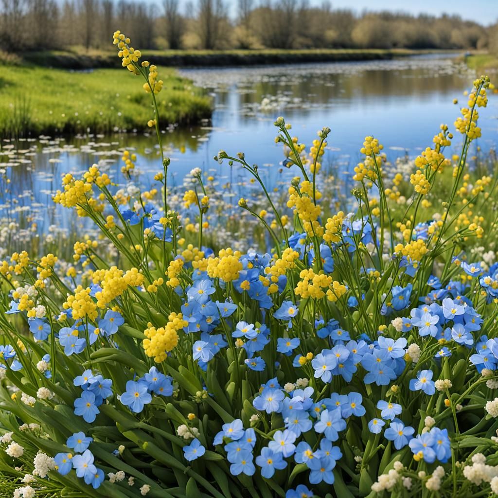 Spring Day with Yellow Flowers and River