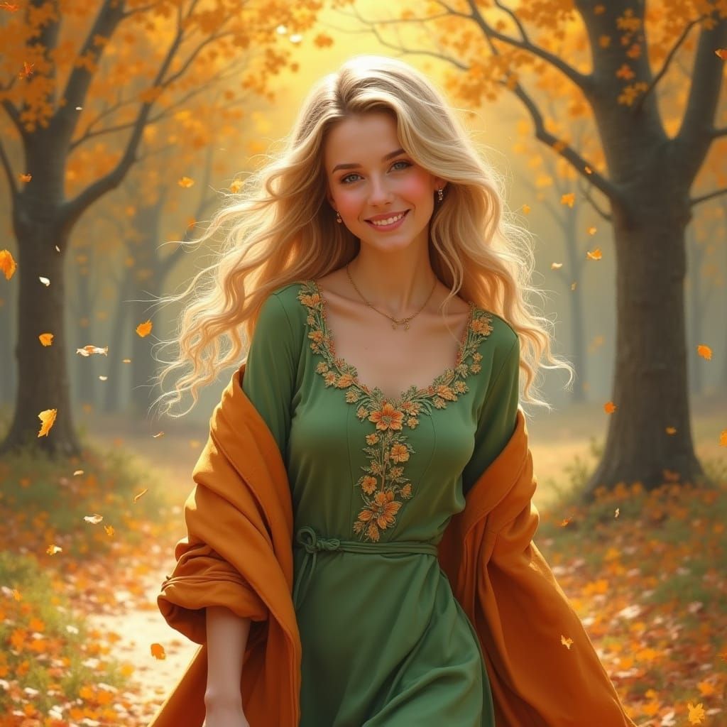 Serene Blonde Woman in Green Silk Dress in Autumn Forest