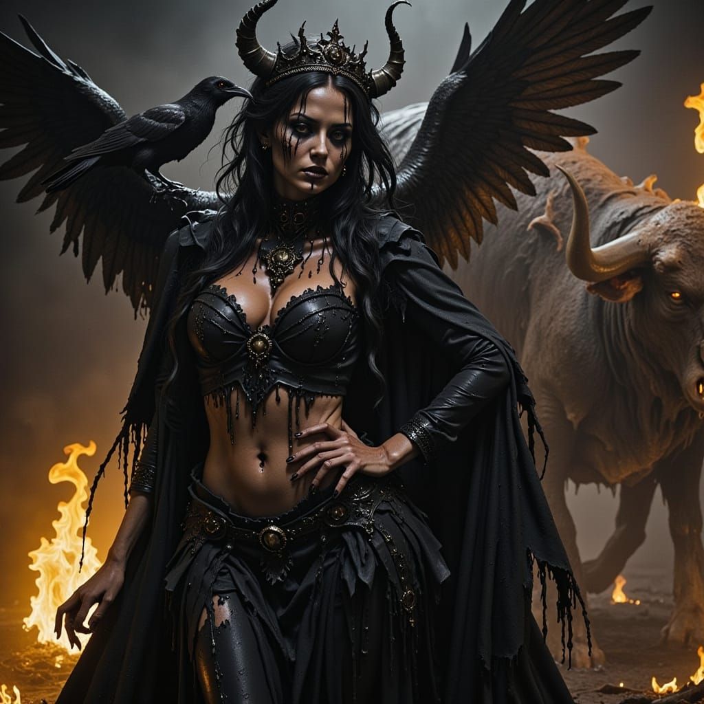 Dark Fantasy Witch with Raven and Bull in Haunting Landscape
