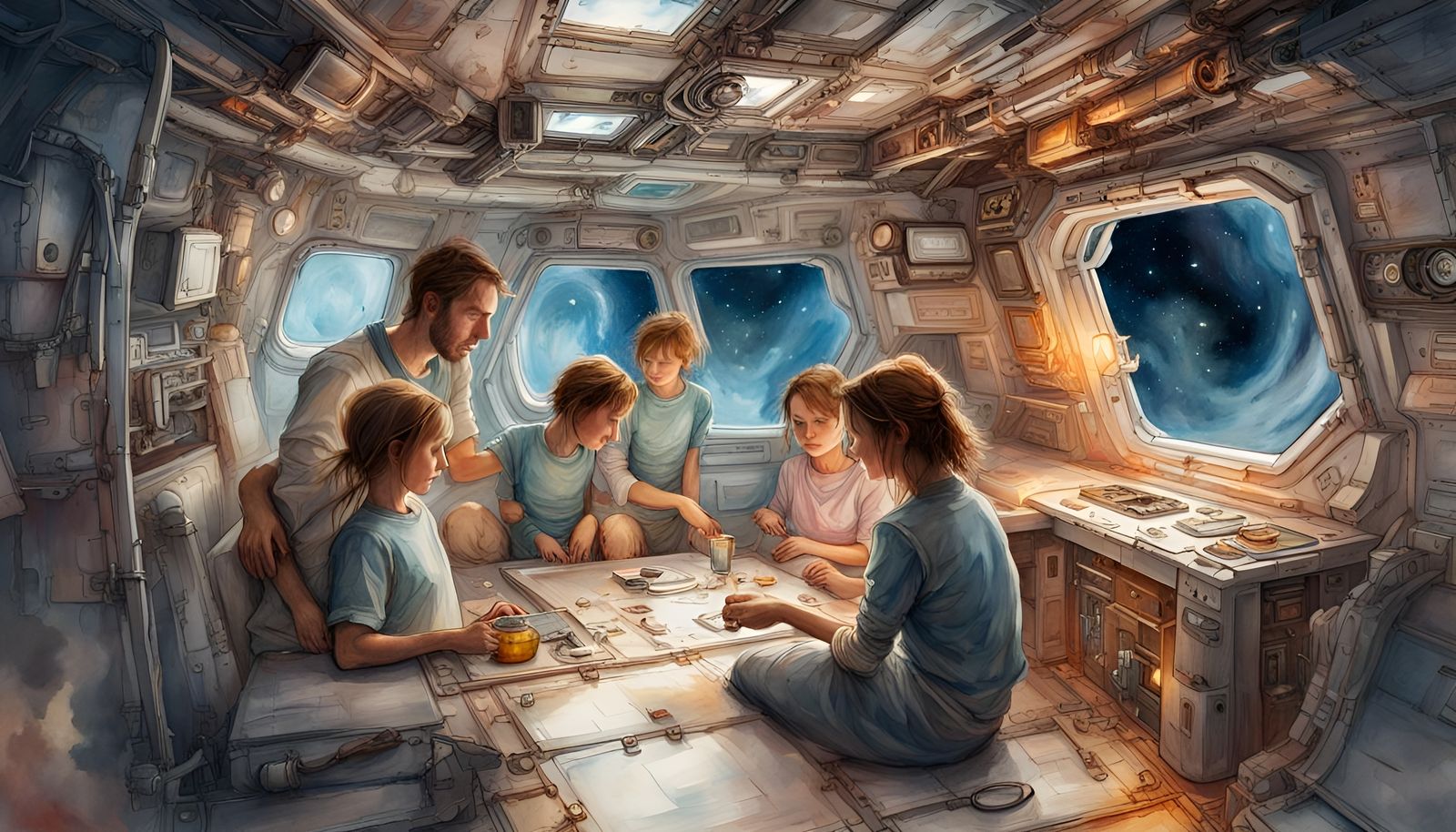 Family in Space Station: Watercolor Spacecore Scene