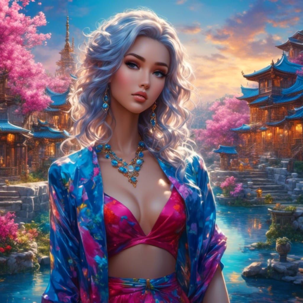 Girl with Castle Waterfall at Cosmic Sunset