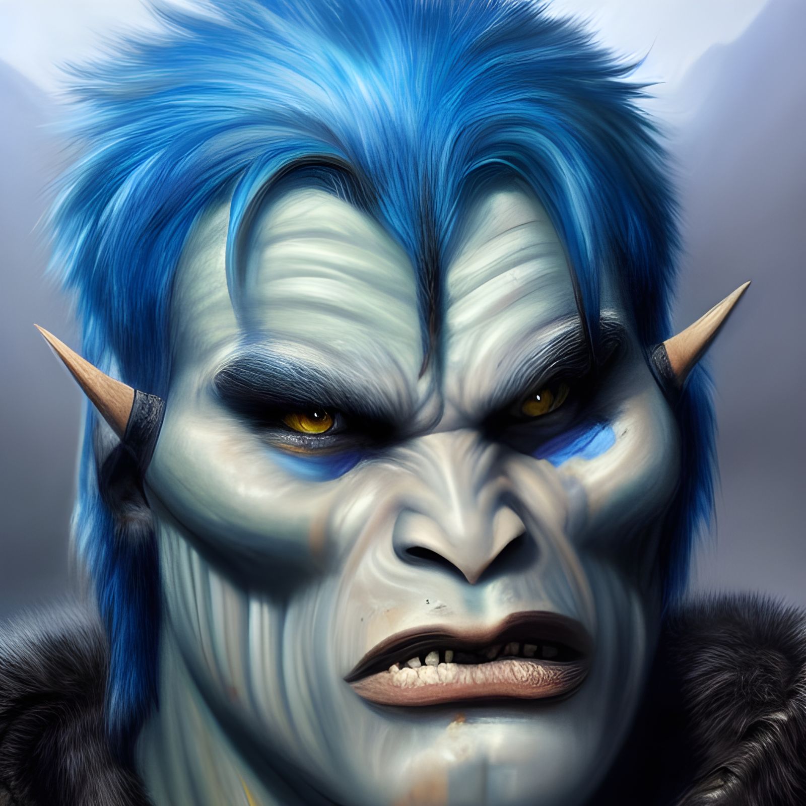 Handsome Blue-Haired Orc Barbarian Oil Painting