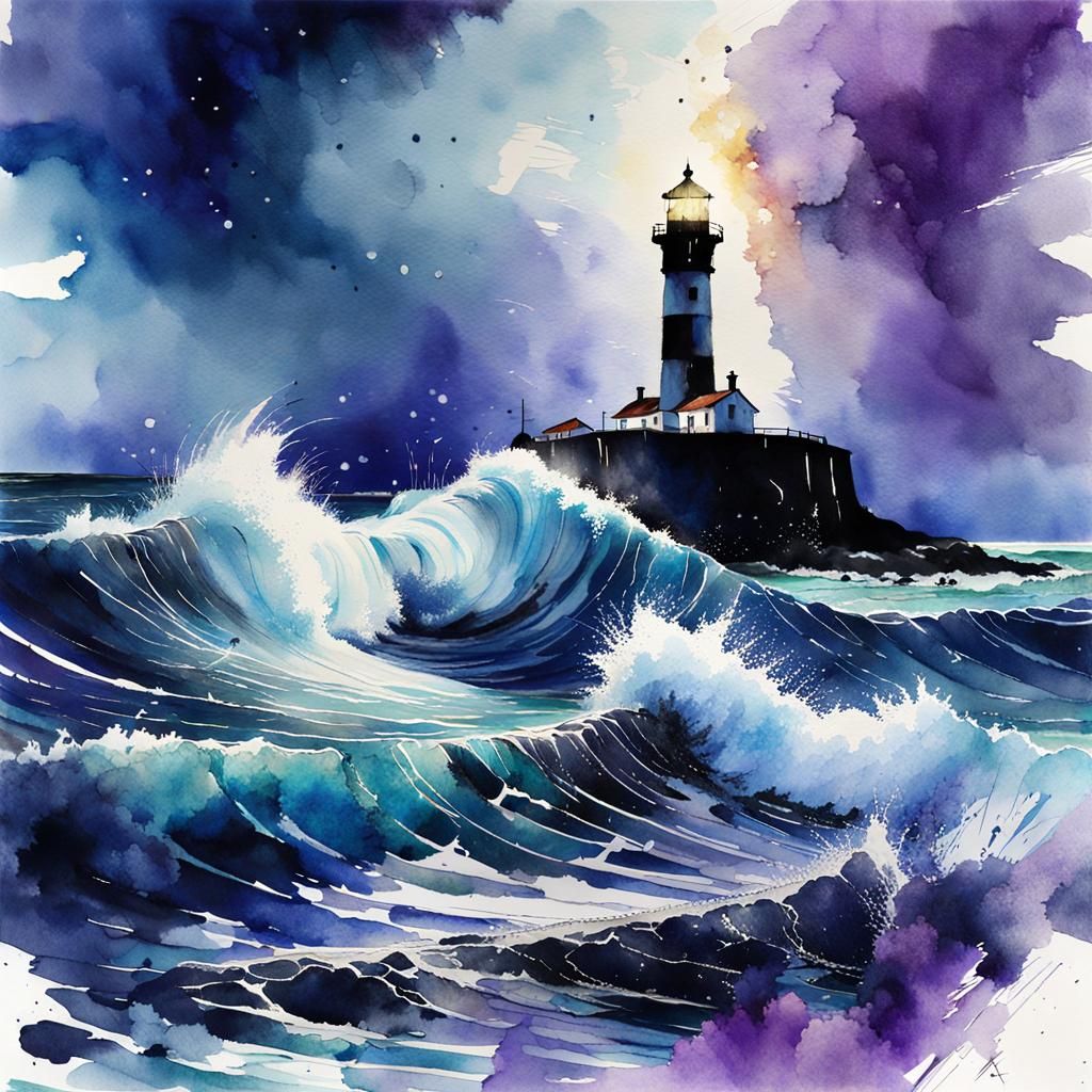 Towering Wave at Lighthouse, Watercolor Illustration