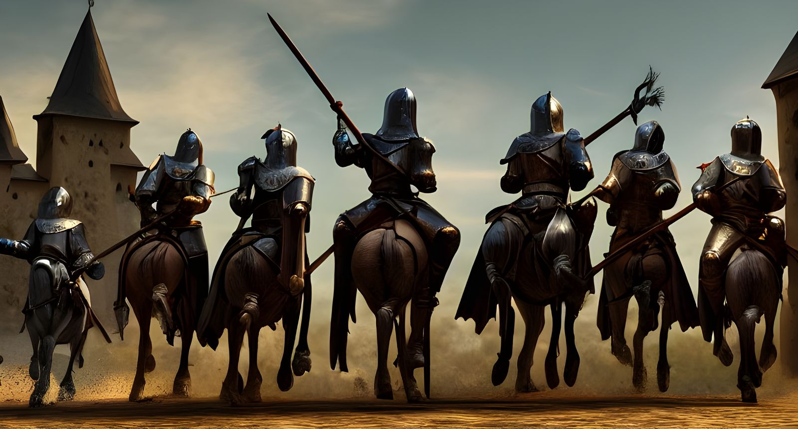 Medieval Knights Ride from Gothic Castle