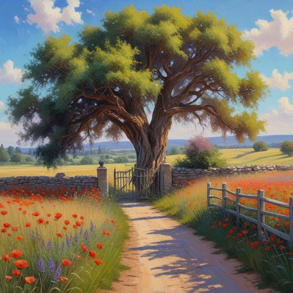 Impressionist Cypress Tree Oil Painting with Poppies