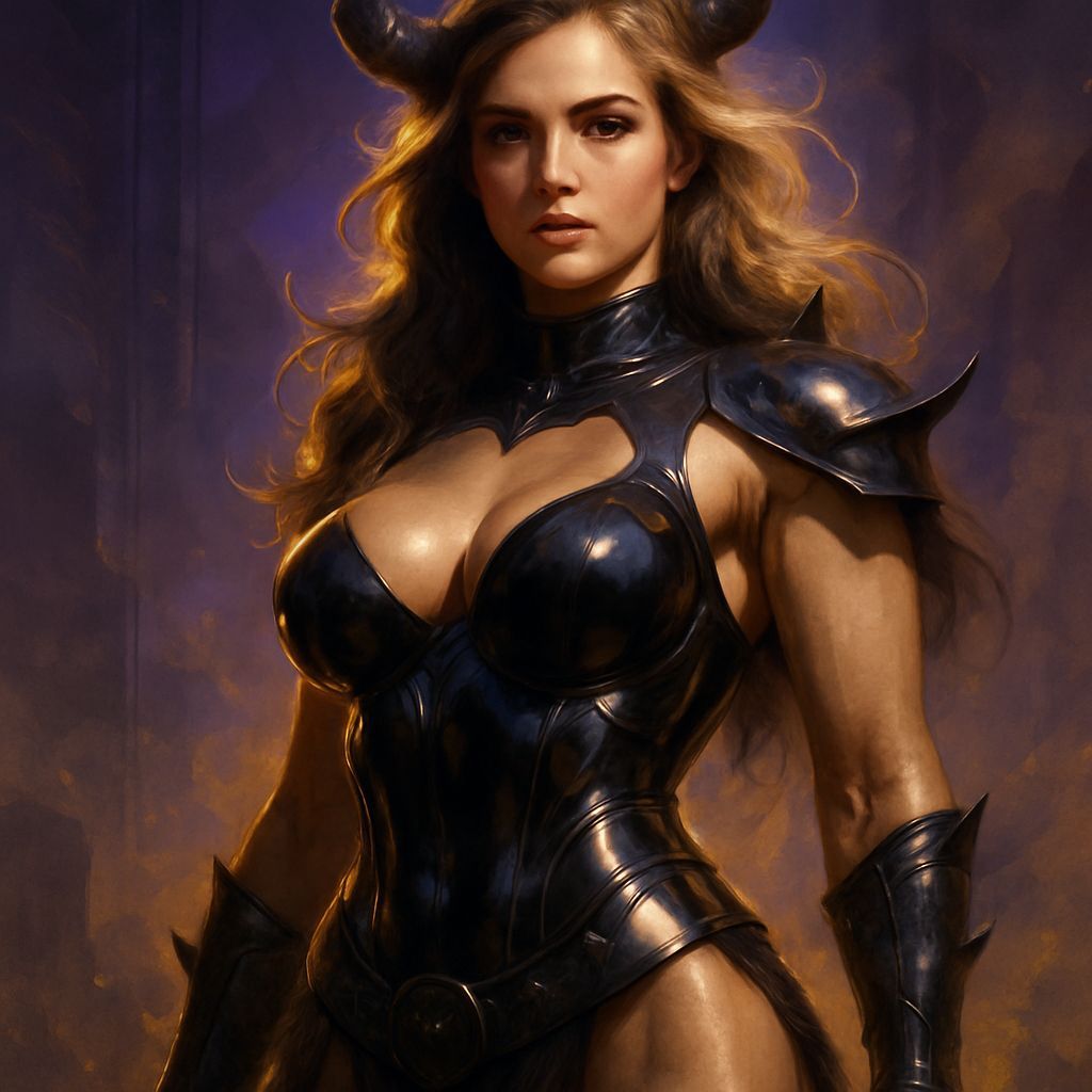 Vibrant Barbarian Warrior in Latex Armor, Cyberpunk Goddess