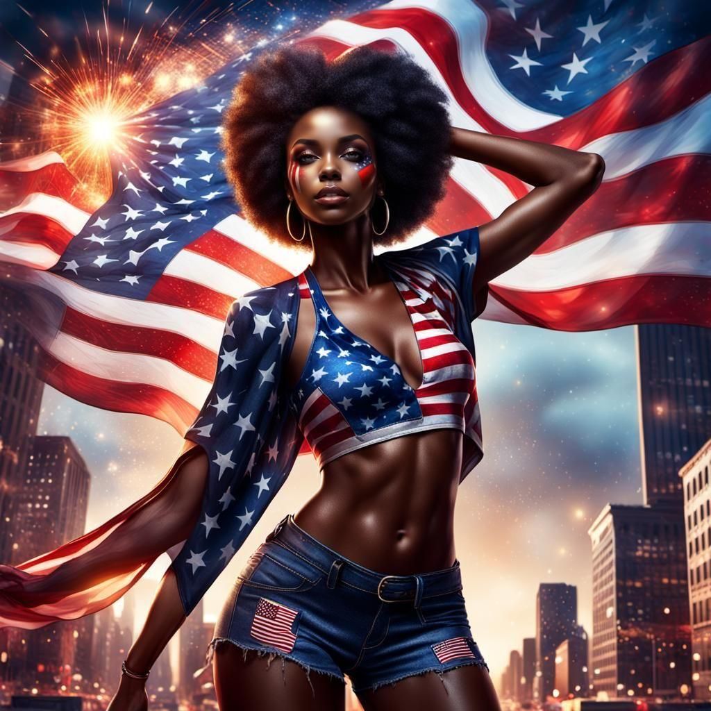 American Flag Woman in Abstract Cityscape