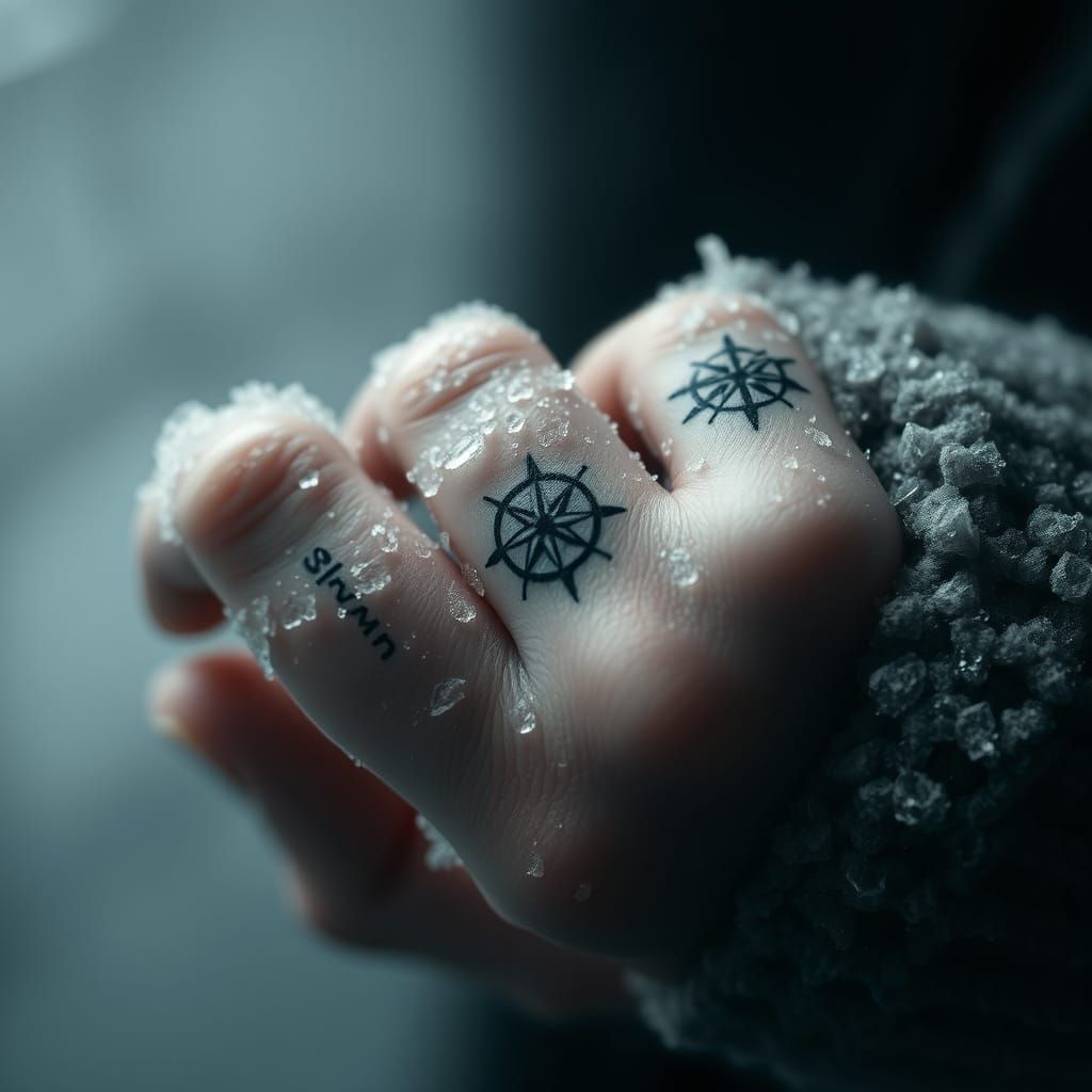 Icy Hand with Nordic Runes in Monochromatic Realism