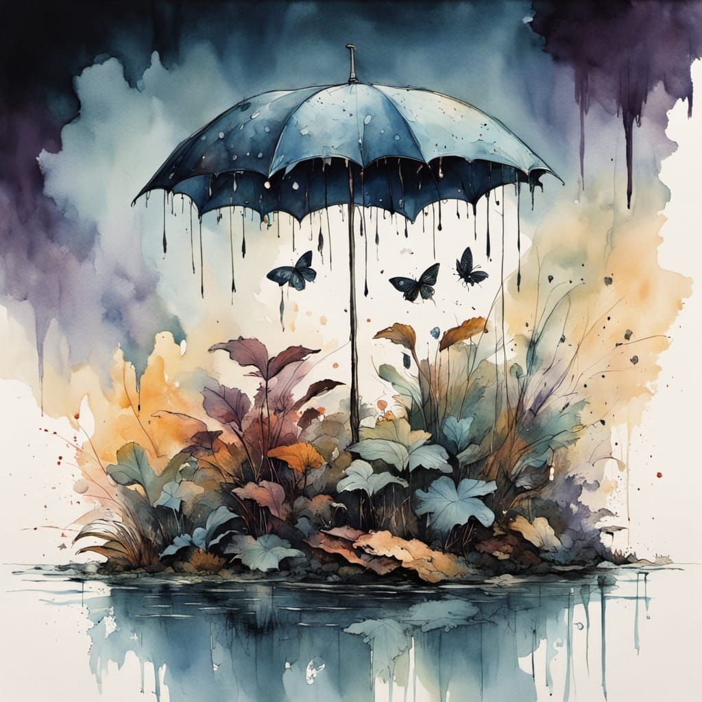 Impressionist Gouache Painting: Umbrella and Houseplants