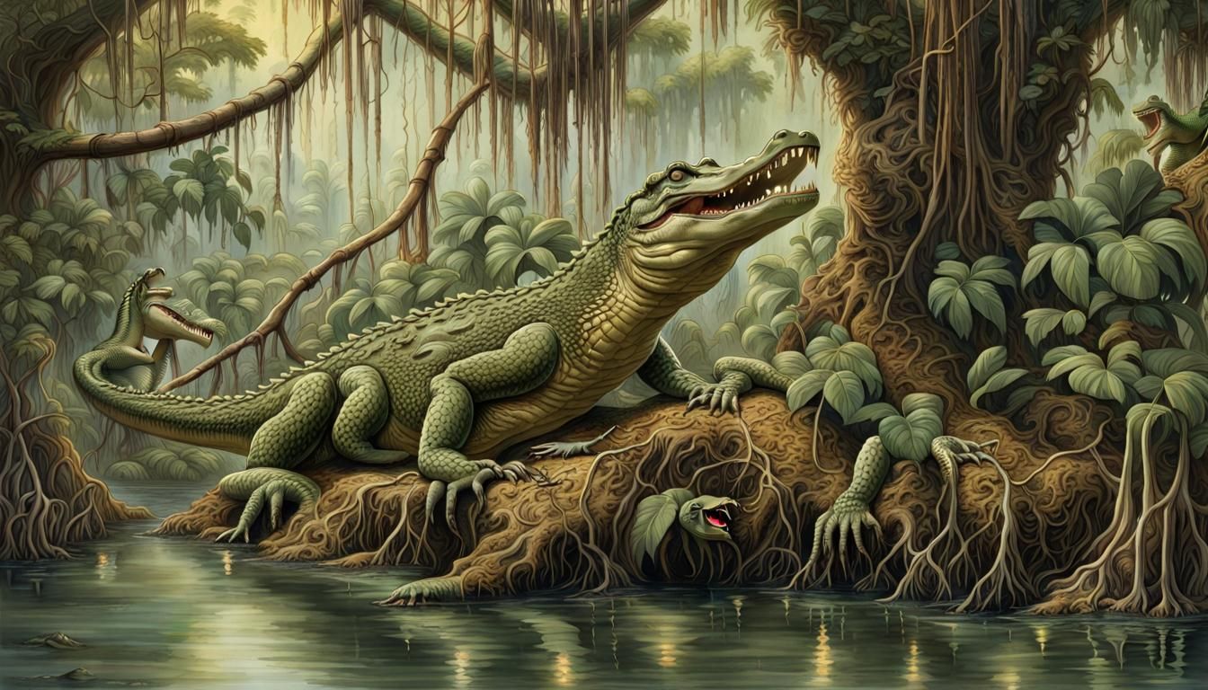 Crocodiles in Mangrove Swamp: Rackham and Davis Style