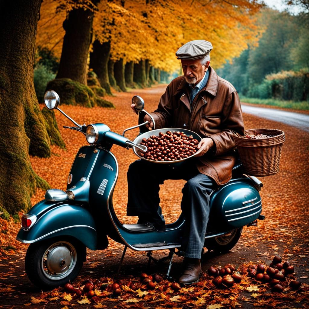 Autumn Countryside Scene with Vespa and Chestnuts