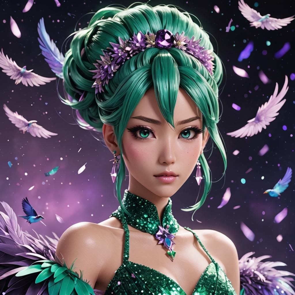 Anime Character in Feathered Gown of Stars