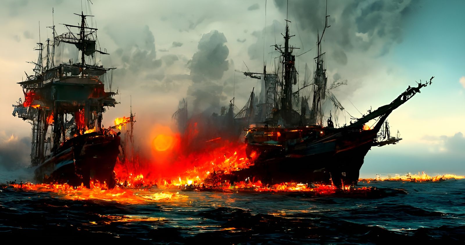 Burning Pirate Ship in Digital Matte Illustration