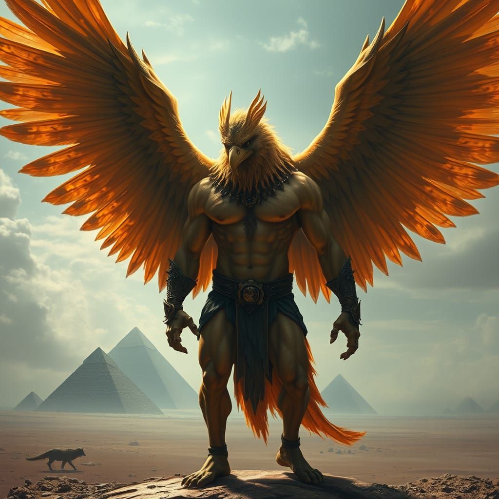 Golden Phoenix Warrior in Desert Landscape