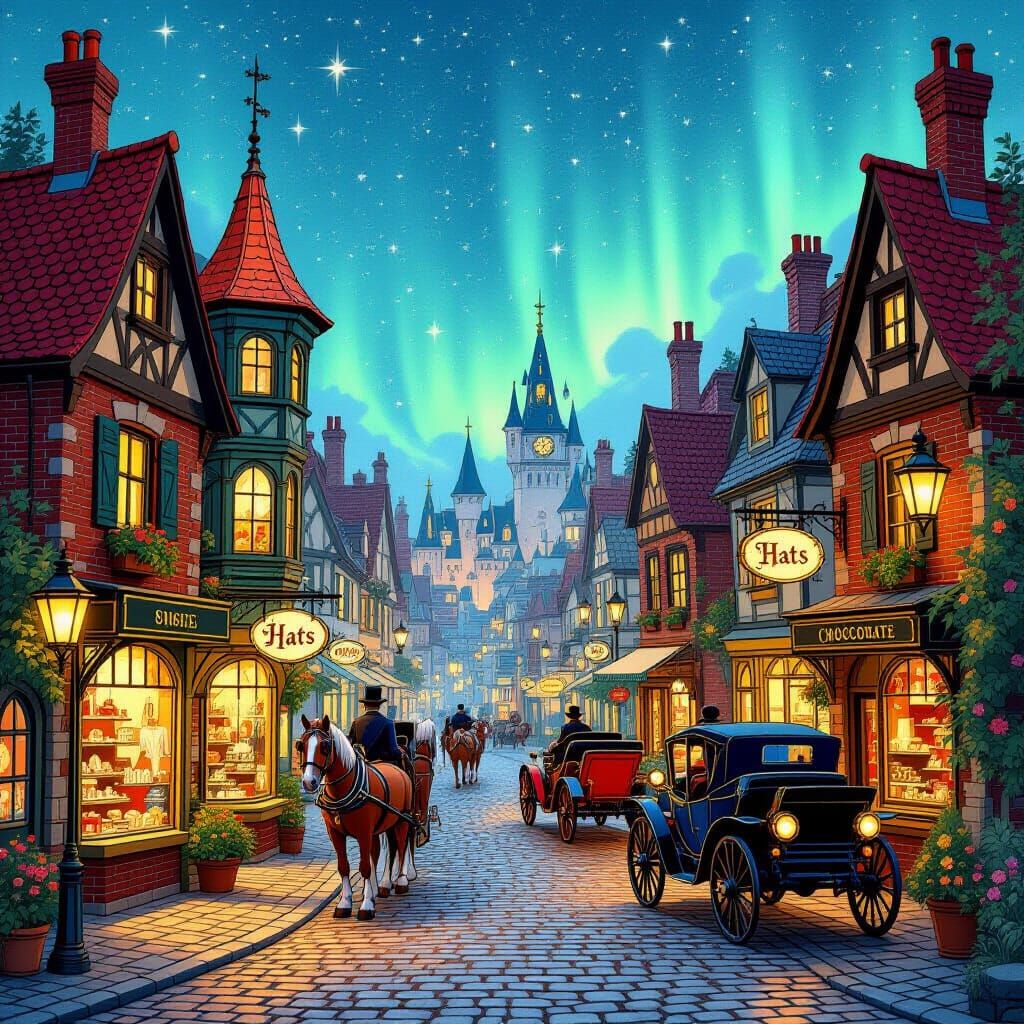 Magical Retro Town with Golden Lanterns and Northern Lights