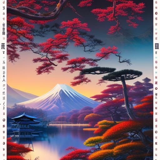 Japanese Landscape Stamp in Ukiyo-e Style