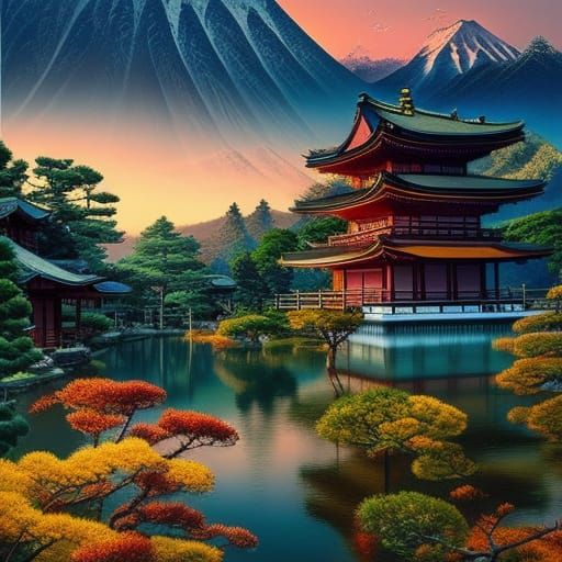 Japanese Landscape Stamp in Ukiyo-e Style