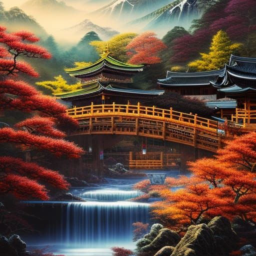 Japanese Landscape on Stamp in Ukiyo-e Style