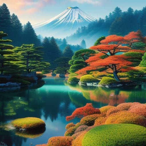 Japanese Landscape Postage Stamp in Ukiyo-e Style