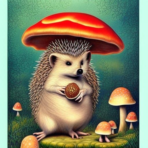 Hedgehog with Mushroom Umbrella in Surreal Style