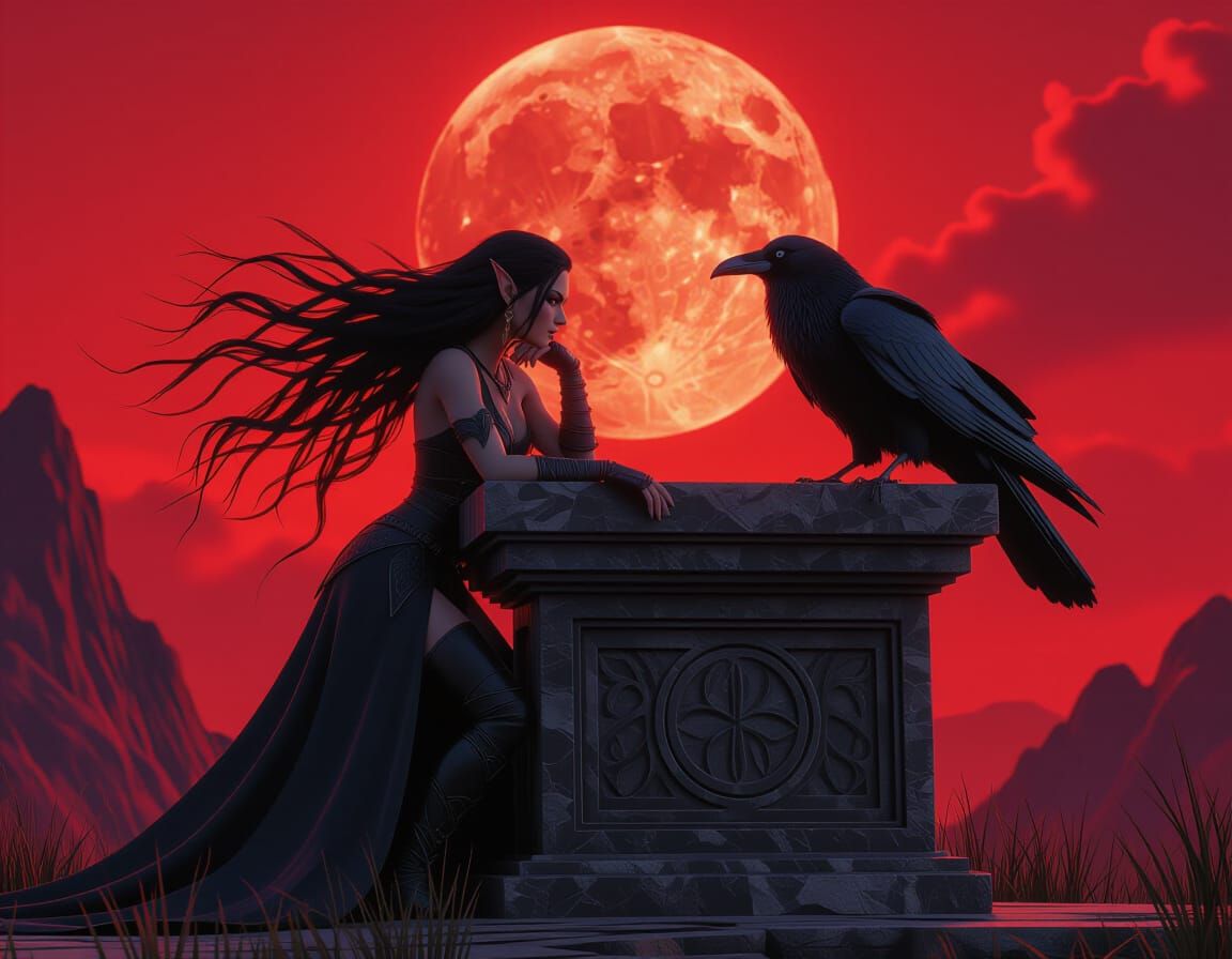 Evil Elf Girl and Raven Under Blood Moon Sky