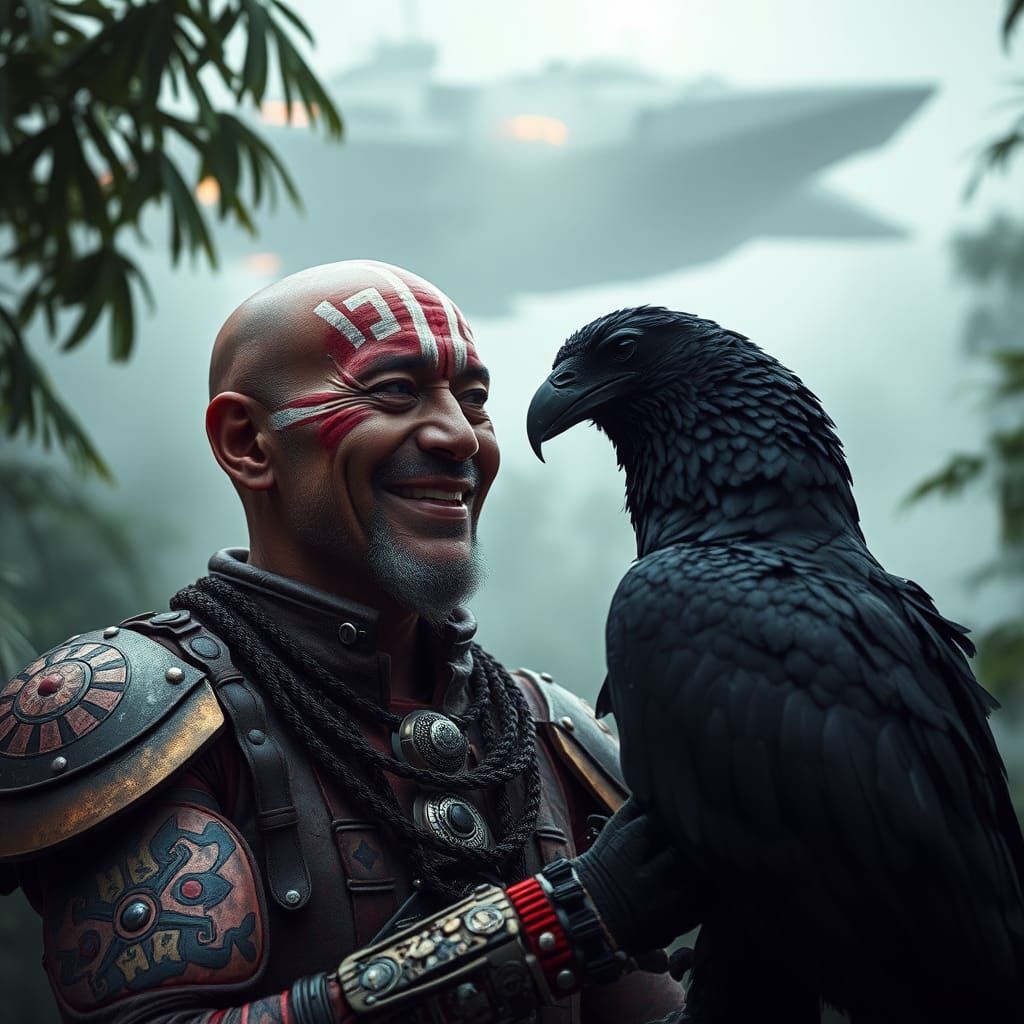 Aztec Elder in Cyberpunk Exosuit with Raven