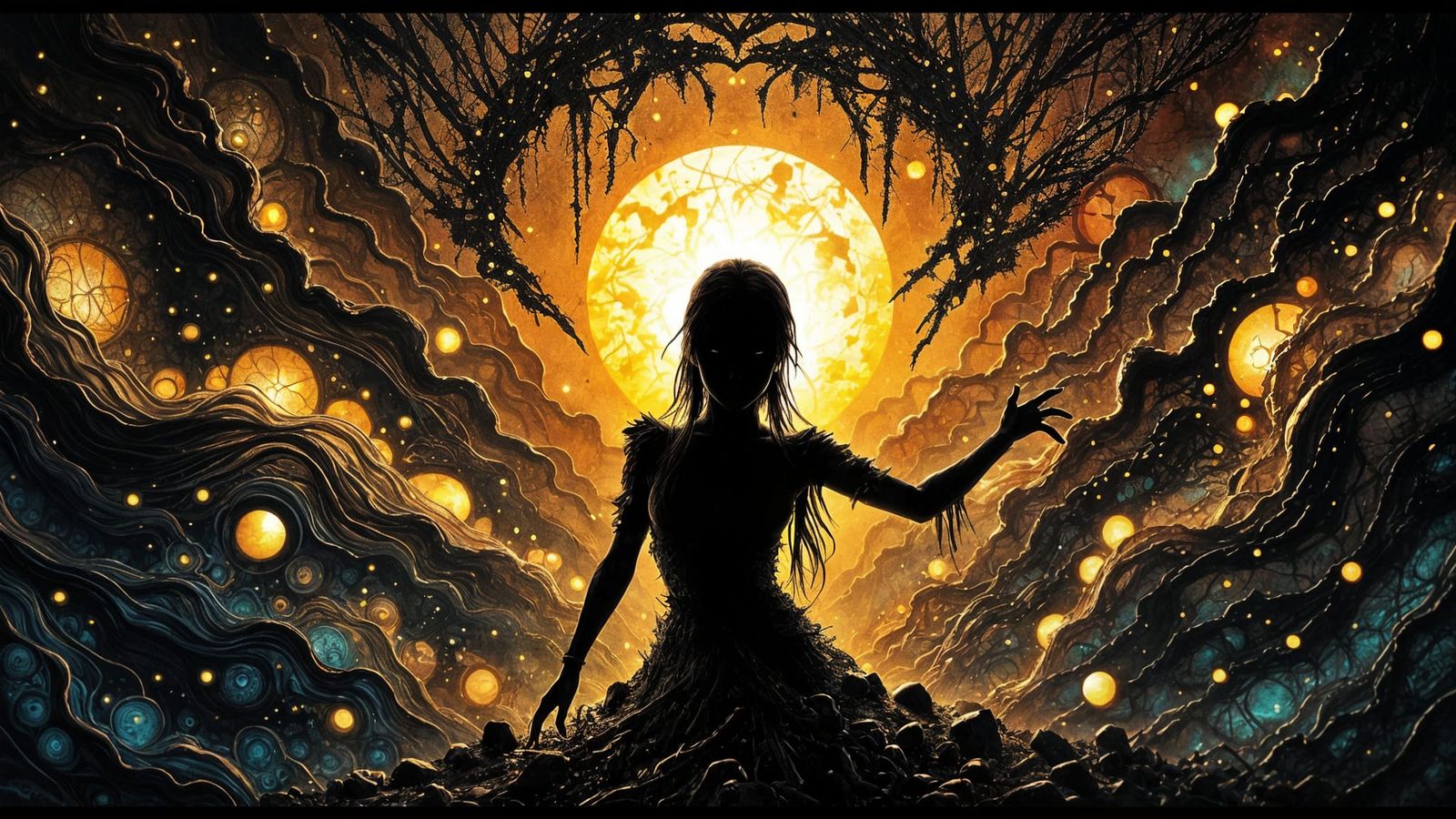 Chaotic Glowing Manuscript with Backlit Silhouette