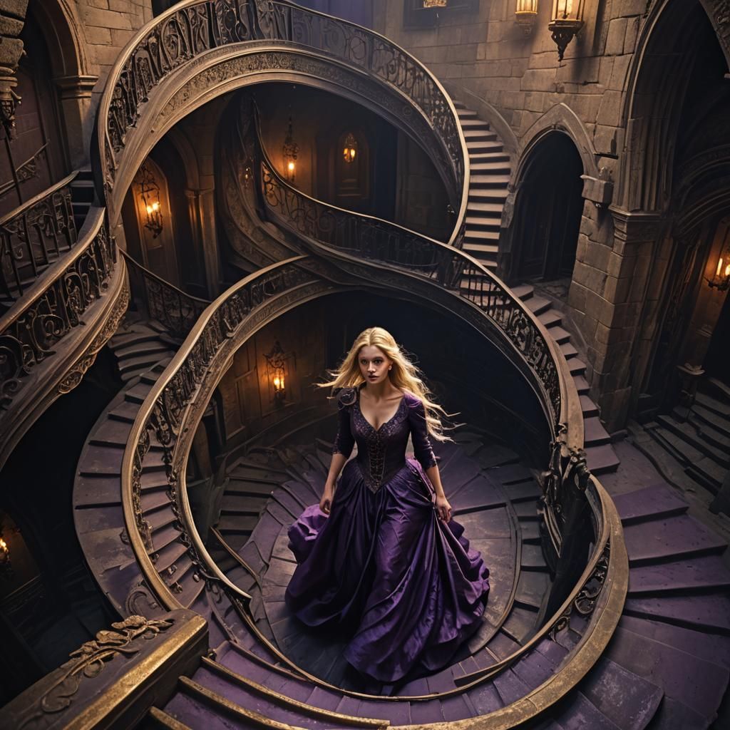 Gothic Horror: Woman Descending Spiral Staircase