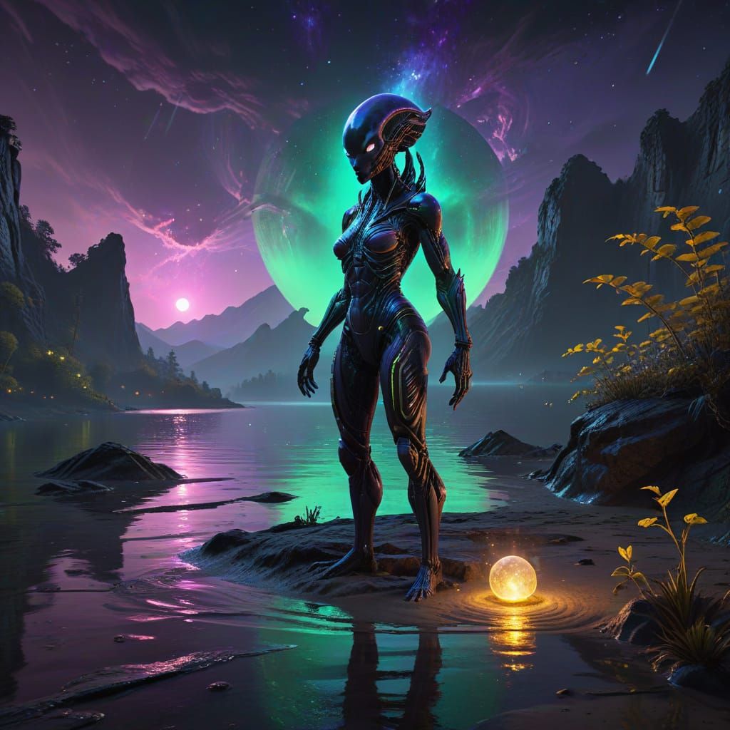 Alien Gazing at Holographic Emerald in Dark Fantasy Scene