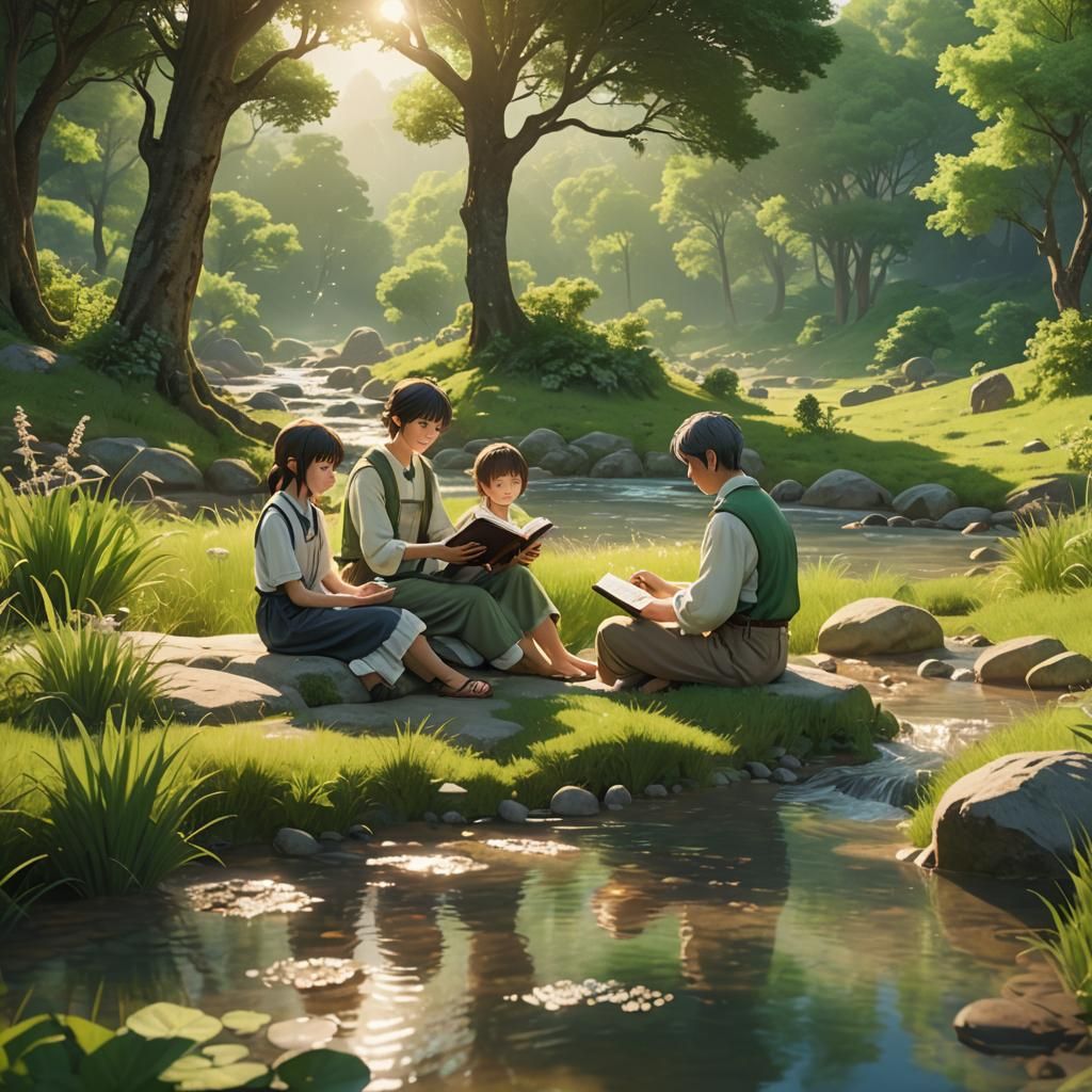 Happy Family Reading Bible in Green Valley: 3D Anime Art