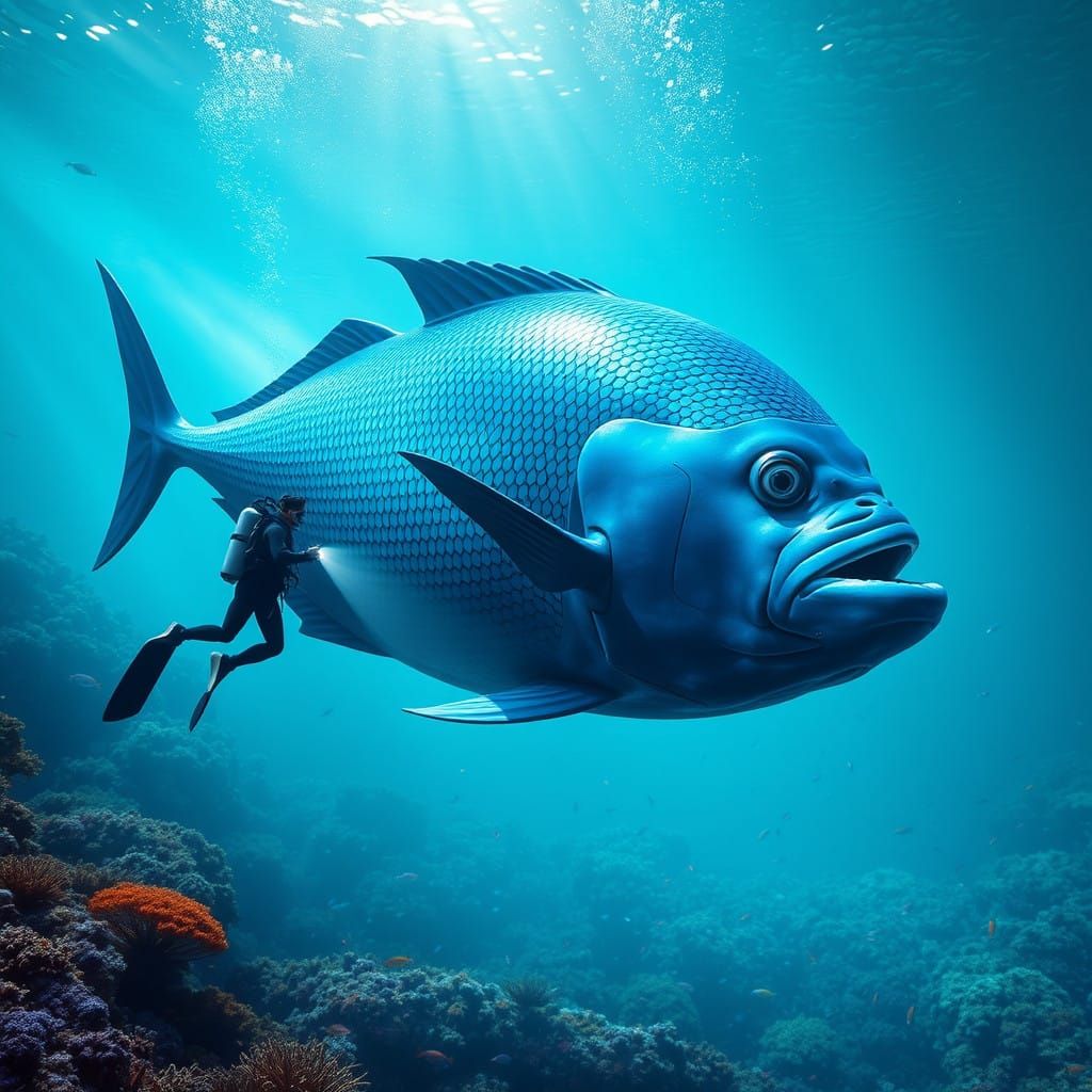 Serenely Floating Giant Blue Fish in an Underwater Paradise