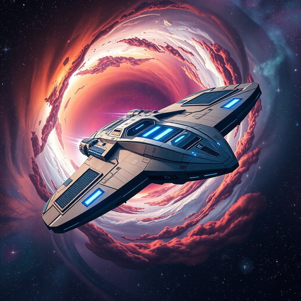 Sleek Spaceship Emerges from Iridescent Wormhole