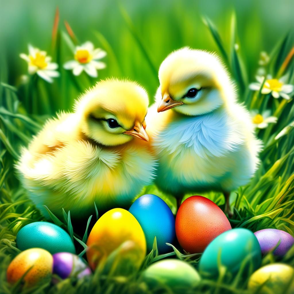 Chirping Chicks Pecking Easter Eggs in Lush Grass
